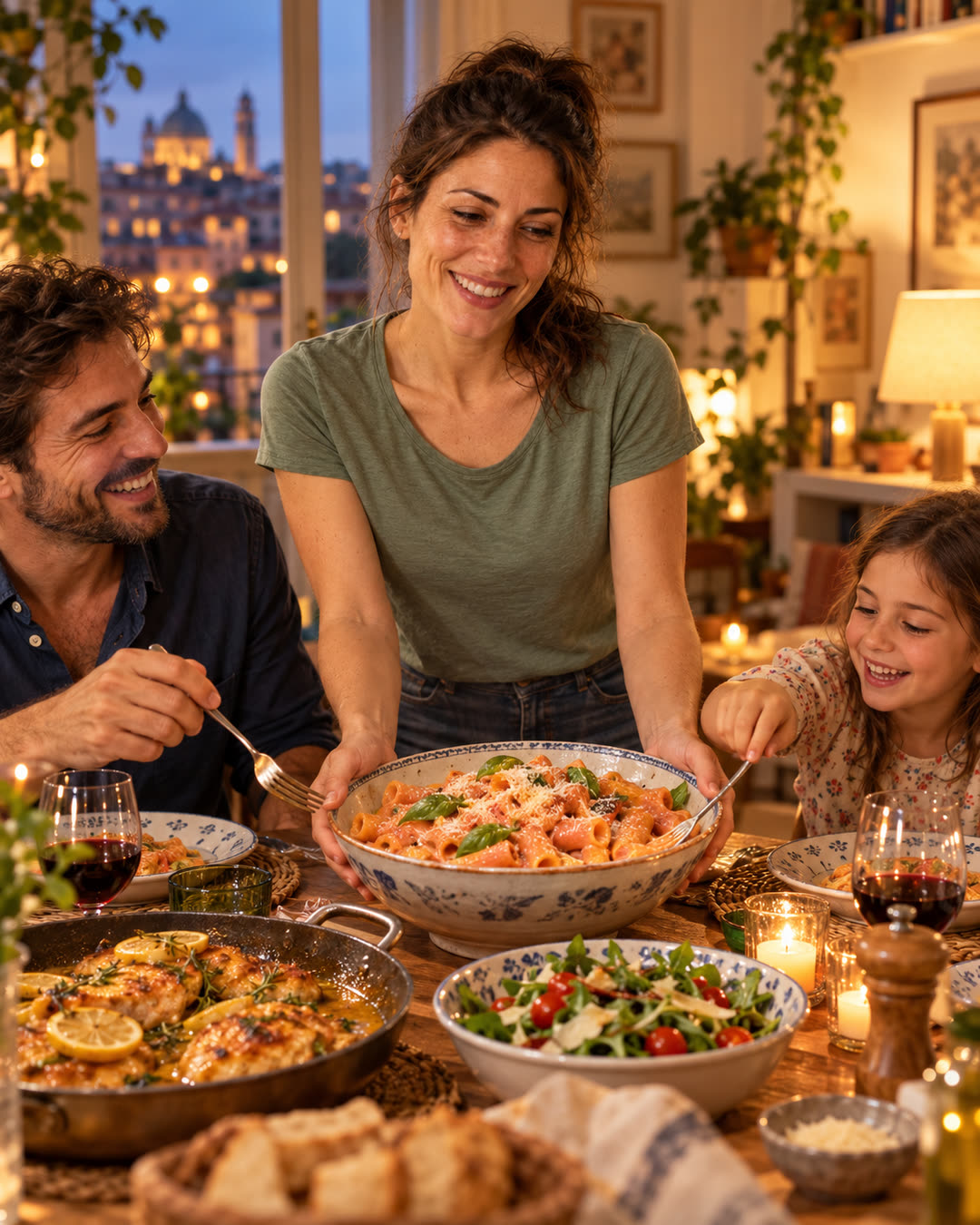 Sara porta in tavola un piatto di rigatoni cremosi, la famiglia allunga le forchette