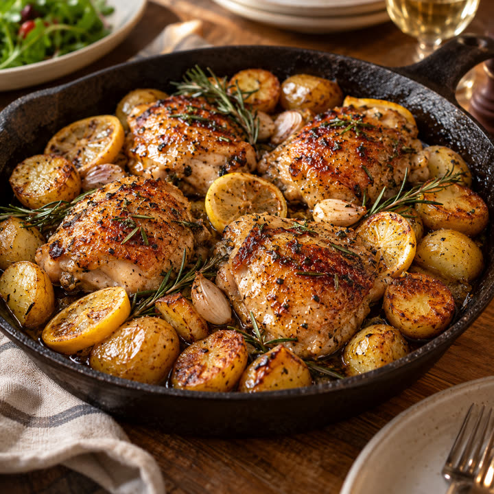 Pollo al limone con patate in padella