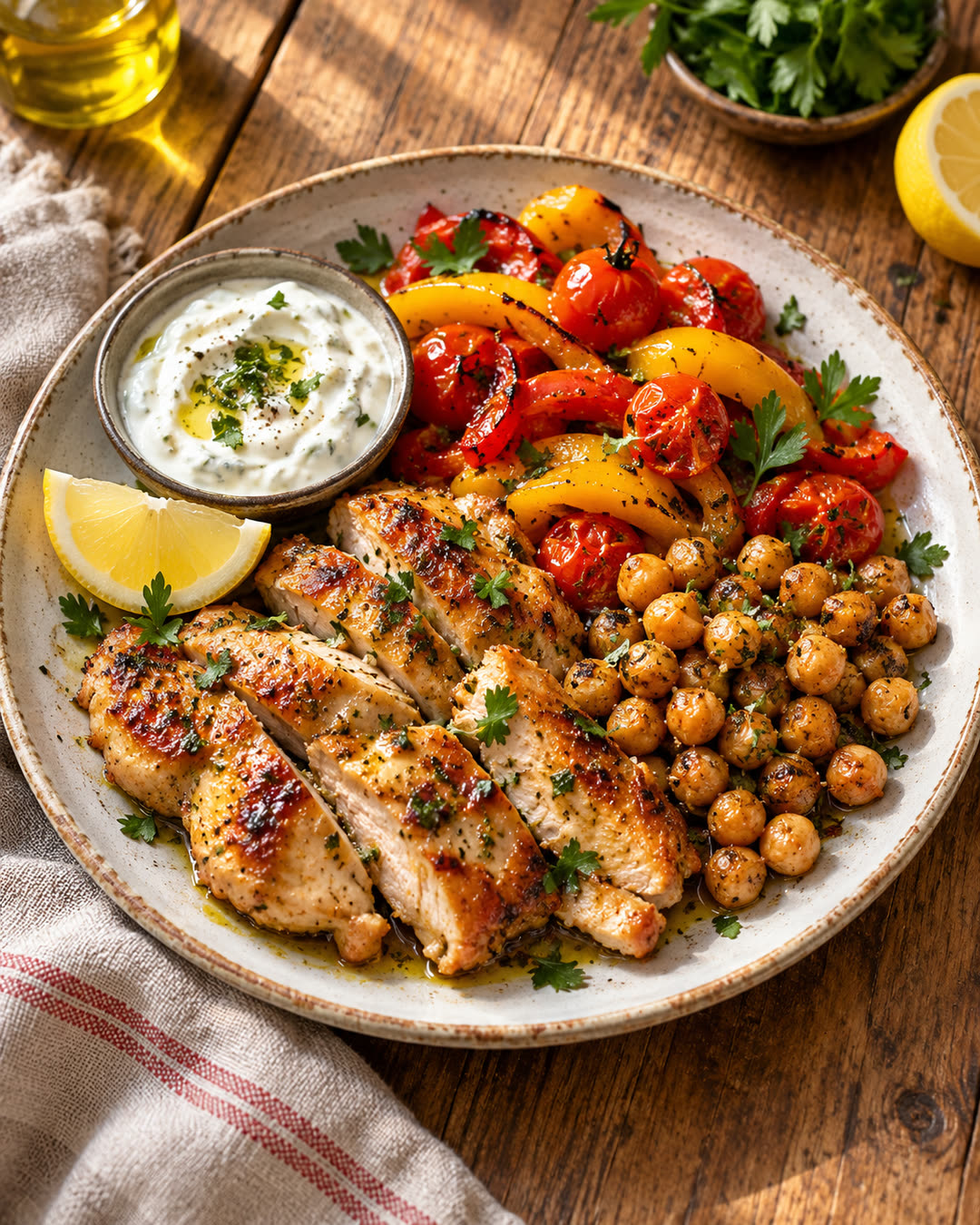 Piatto di pollo dorato al limone con ceci croccanti e verdure