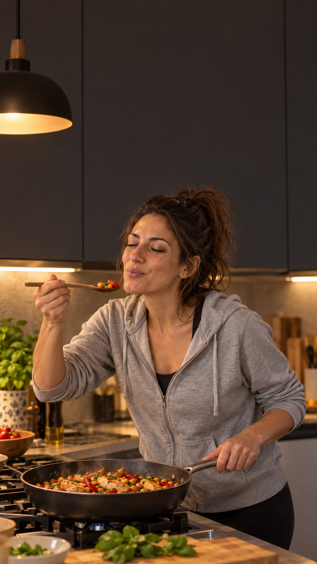 Sara rientrata dalla palestra impiatta la cena nella sua cucina