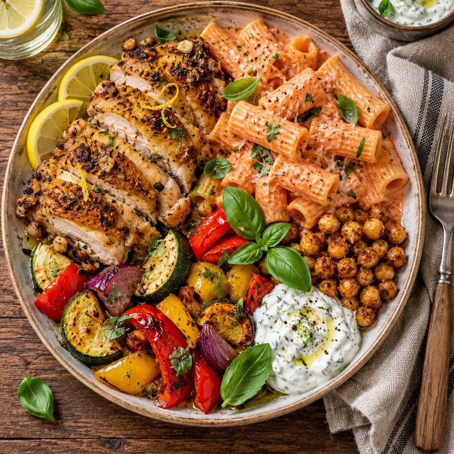 Un piatto pieno: pollo al limone, rigatoni, ceci e verdure