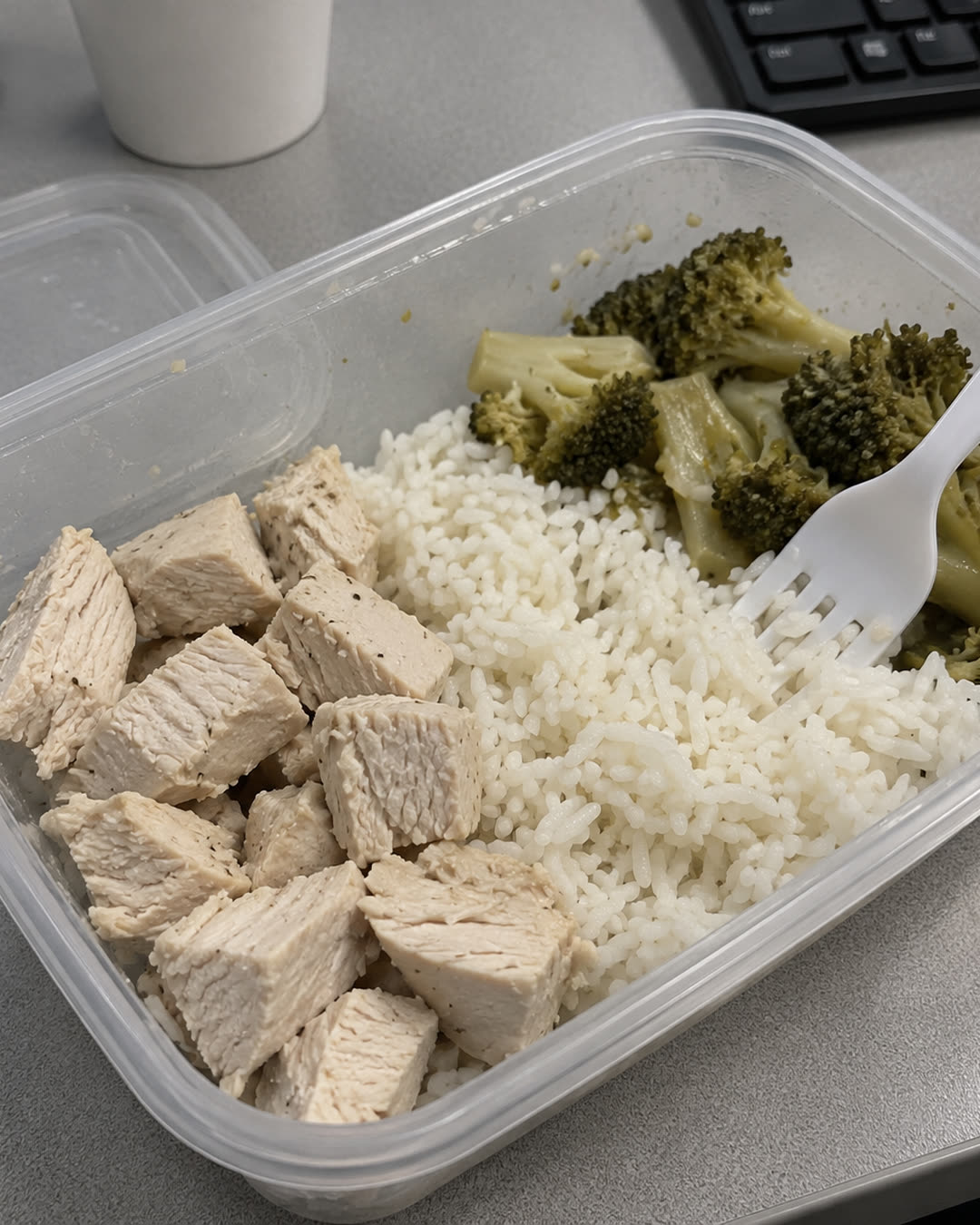 Contenitore di plastica con pollo bollito, riso bianco e broccoli